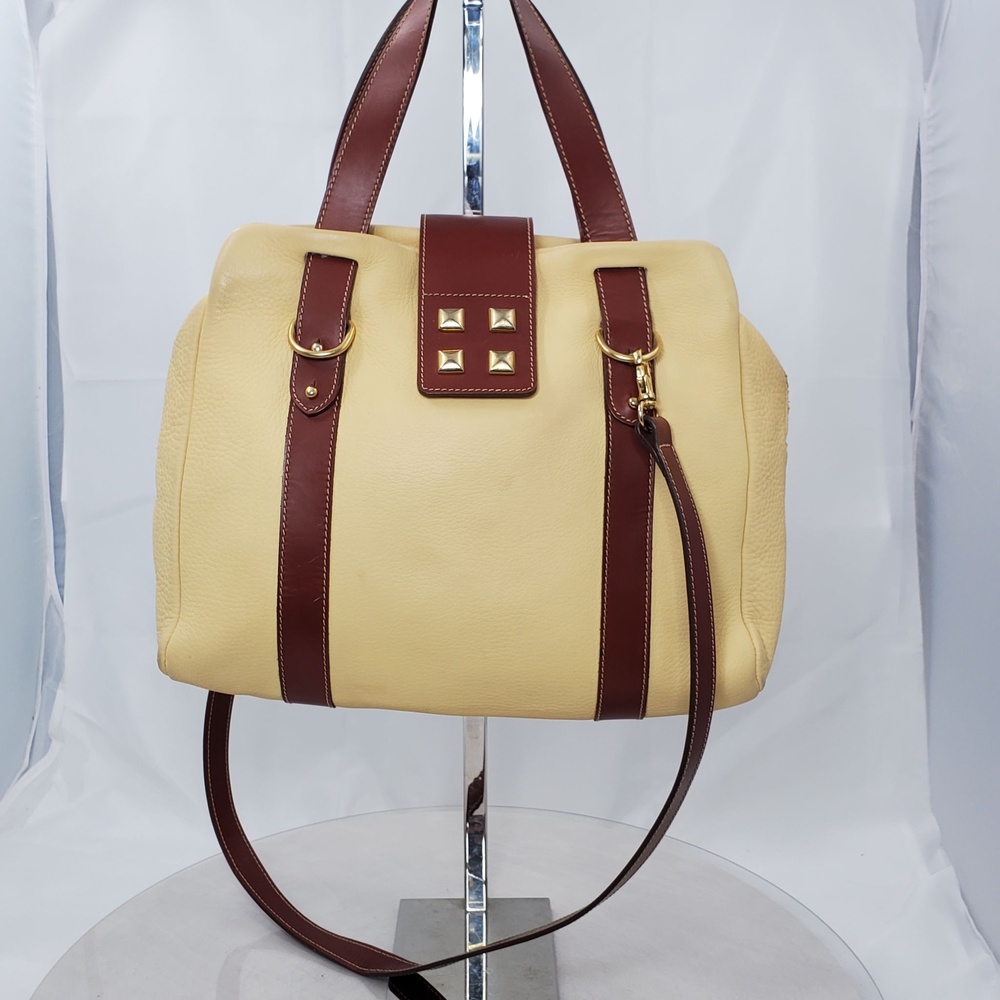 Vintage Y2K Yellow Italian Leather Studded Satchel Tote Bag Detachable Strap